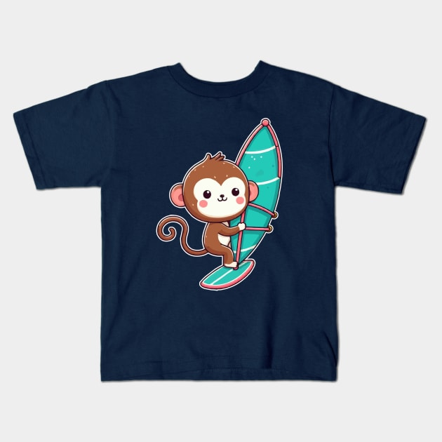 Cute monkey Windsurfing Kids T-Shirt by fikriamrullah
